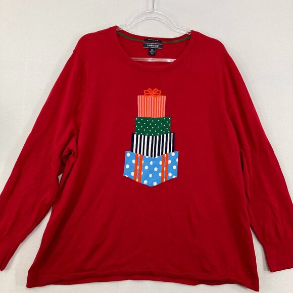 Lands' End sz 3X Red Supima Cotton Festive Holiday Christmas Light Knit Sweater - Picture 1 of 8